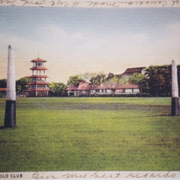 A postcard of the Club shows the vast polo field with the Pagoda Tower and the clubhouse in the background.