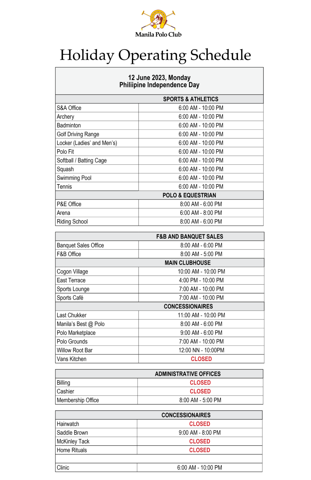 Holiday Operating Schedule Independence Day 2023 Manila Polo Club